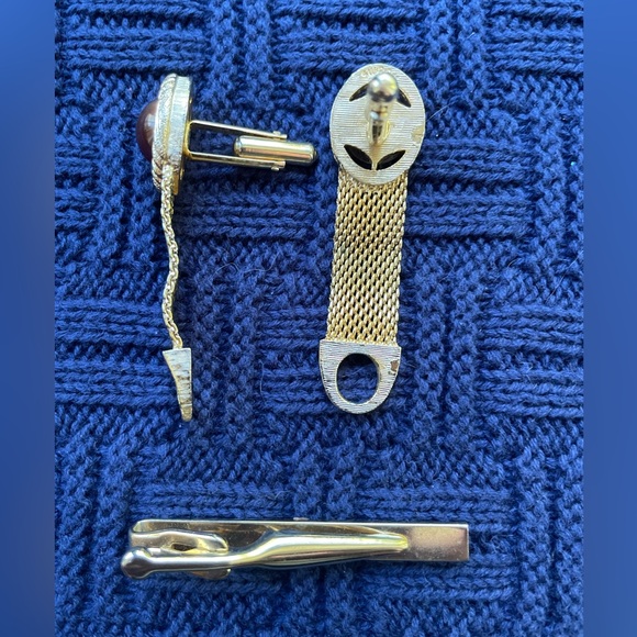 Vintage SWANK MESH WRAP CUFFLINKS & TIE BAR SET With Tigers Eye Stone - Picture 5 of 7